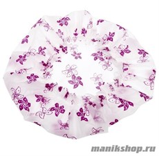 1525 Dewal Beauty Шапочка «Для душа» DBH2 белая с фиолетовыми цветами